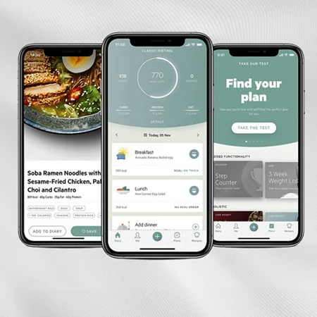 App de nutrición PLX en tres teléfonos